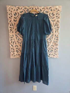 Trovata birds of paradis blue floral cotton silk prairie midi dress Large Boho